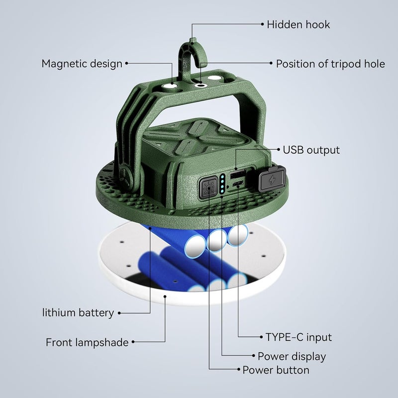 vavofo 30W LED Camping Lantern Rechargeable, 124 LED with 3 Lighting Modes, 3000LM, 7200mAh Portable Tent Light with Magnet, IP65 Waterproof for Emergencies, Outdoor and Indoor (Green) - Image 3